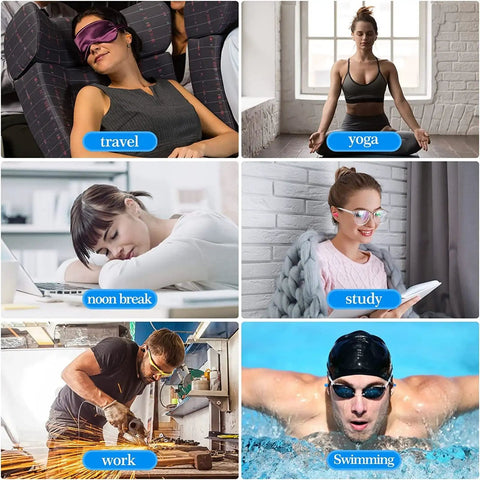 Collage of people using 200 Pairs Silicone Ear Plugs Bulk With 10 Assorted Colors And Carry Cases For Sleeping, Yoga, Work, Swimming.