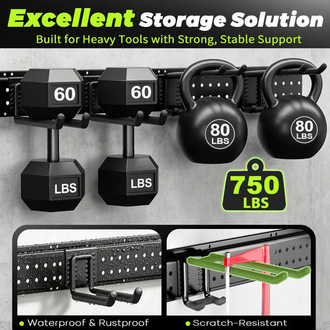 Garage Tool Organizer Wall Mount System With 99 Inch Heavy Duty Construction holding weights