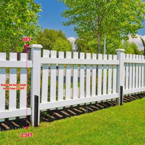 Heavy Duty Steel Fence Post Repair Kit With Double Ground Spikes installed on white fence, showing 2.5 to 8 ft repair range.