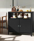 Outdoor Wicker Bar Cabinet With PE Rattan Construction, Durable Acacia Wood Countertop, Open Shelf And Two Doors, Buffet Sideboard Organizer For Garden, Backyard, Poolside Or Patio Storage, Black Finish For Easy Setup