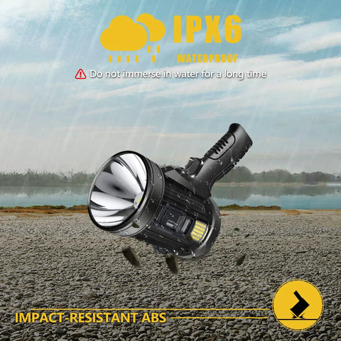 Beast 1 Million Lumens Spotlight With Solar Charging, 6 Modes, Rechargeable Handheld Flashlight on rocky surface, IPX6 waterproof