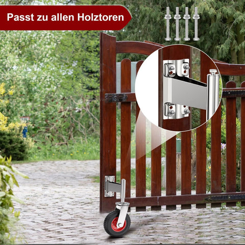 Spring Loaded Gate Caster Wheels Four Inch Rubber Tire Heavy Duty With Hardware installed on wooden swing gate