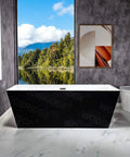 Contemporary 67 Inch Freestanding Acrylic Soaking Bathtub With Matte Black Drain And Overflow in modern bathroom with scenic view.