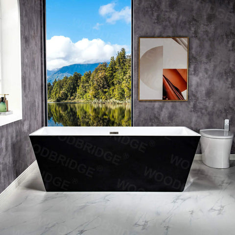 Contemporary 67 Inch Freestanding Acrylic Soaking Bathtub With Matte Black Drain And Overflow in modern bathroom with scenic view.
