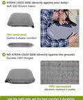 Go-To Self-Inflating Seat Cushion For Travel And Outdoors showing front and side views, grey with TPU laminated surface, soft stretch fabric