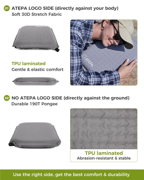 Go-To Self-Inflating Seat Cushion For Travel And Outdoors showing front and side views, grey with TPU laminated surface, soft stretch fabric