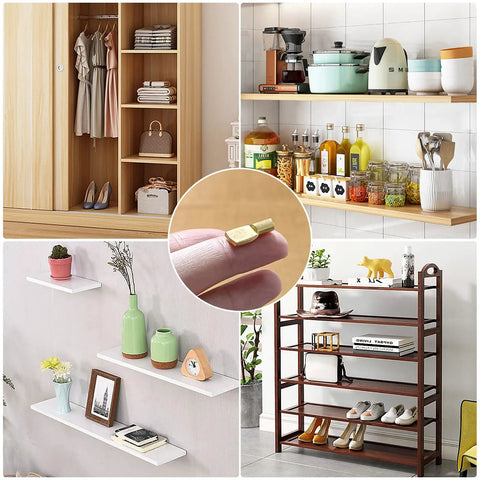 Rock Solid 5Mm Shelf Pins And Cabinet Brackets, 80 Pack Zinc Alloy Rack Supports With Sleek Nickel Finish used for modern shelving in closets.