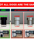 OEM vs aftermarket dogs comparison showing sizes, snug fit versus loose fit, clear measurement differences.