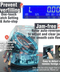 Plug And Play Usd Coin Counter And Automatic Wrapper Machine With Crisp Lcd Panel Smooth High Speed Cash Sorting For Pennies Nickels Dimes Quarters Dollars Built Tough Business Gear Matte Black displaying features like auto-stop and jam-free function.