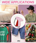 Mini Stitch Gun For No Sew Hem Fix And Button Rescue Kit shown with applications: bed sheet, men's and women's clothes, jeans, decorations.