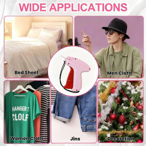 Mini Stitch Gun For No Sew Hem Fix And Button Rescue Kit shown with applications: bed sheet, men's and women's clothes, jeans, decorations.