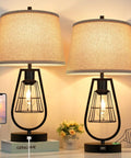 Industrial Touch Table Lamps With USB Port, 3-Way Dimming, Farmhouse Bedside Lights, Set Of 2, cream shades, black metal bases