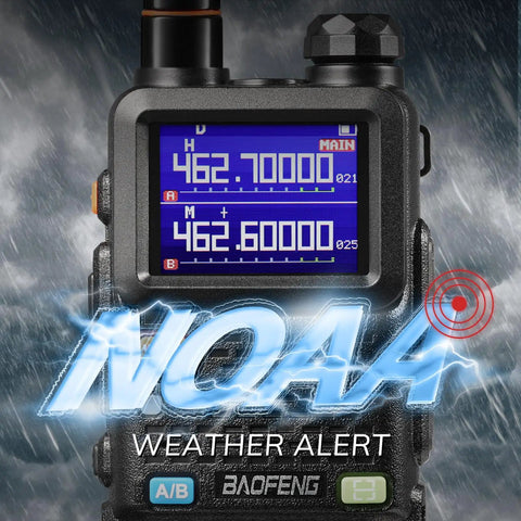 Front view of a 10W Ham Radio Handheld With Long Range VHF UHF Two Way Walkie Talkie NOAA Weather Receiver featuring a digital display.