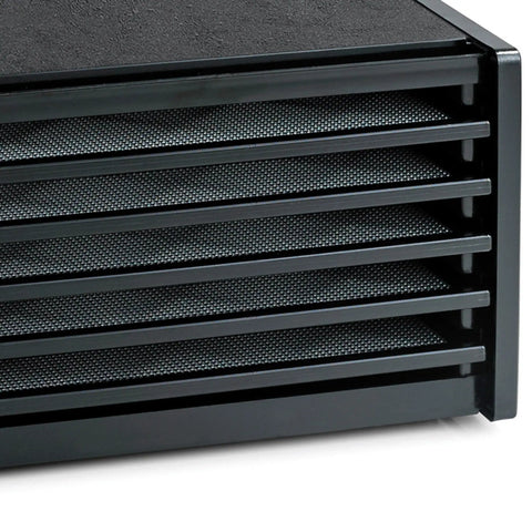 No Sweat Premium Electric Food Dehydrator With Clear Viewing Door And Five Stackable Trays side view showing five drying trays.