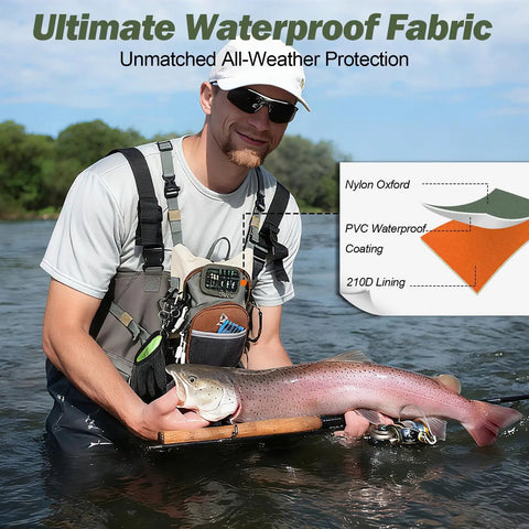 Man holding fish in water with Lightweight Fly Fishing Chest Pack Waterproof Tackle Bag with multiple compartments