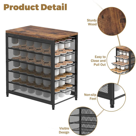 Five Tier Coffee Pod Storage Drawer For Keurig Pods Holds 90 Pods With Sliding Baskets and Rustic Wood Top Detail View