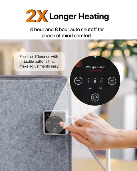 Close-up of the thermostat controls on the Under Desk Heater For Legs And Feet, Silent Personal Warmer with Thermostat and Timer.