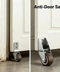 Heavy Duty Anti Sag Gate Caster Wheels Set Of Four With Dead Silent Rubber Rollers To Keep Large Sliding Doors Perfectly Level and Stop The Swoop Indoors Or Outdoors, close-up of wheels mounted on a door.