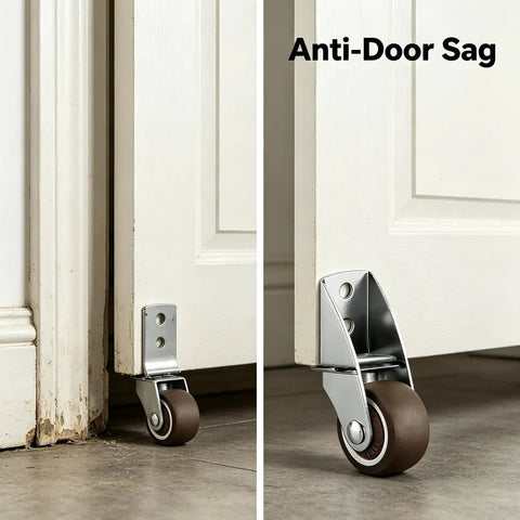 Heavy Duty Anti Sag Gate Caster Wheels Set Of Four With Dead Silent Rubber Rollers To Keep Large Sliding Doors Perfectly Level and Stop The Swoop Indoors Or Outdoors, close-up of wheels mounted on a door.
