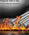 Tough As Nails 304 Stainless Steel Flexible Conduit Heavy Duty Anti Bite Metal Cable Protector on a fiery background.