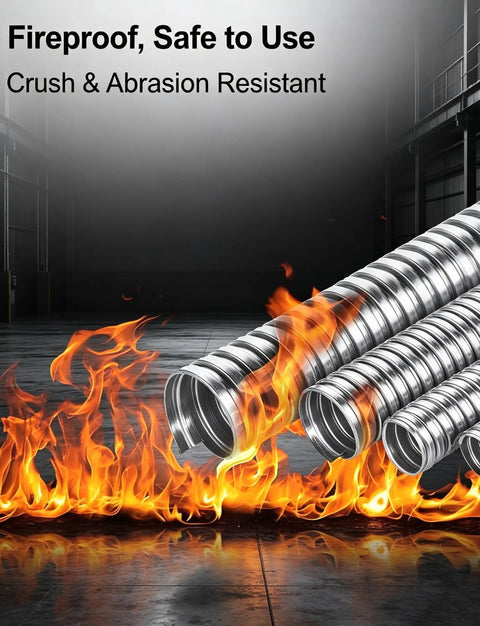 Tough As Nails 304 Stainless Steel Flexible Conduit Heavy Duty Anti Bite Metal Cable Protector on a fiery background.
