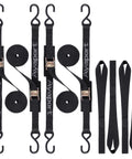 Set of 4 heavy-duty cam buckle tie down straps, 6 ft with S hooks, black, corrosion-resistant webbing for versatile securing