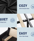 Queen Platform Bed Frame With Adjustable Velvet Headboard And Ultra Comfy Upholstery showing soft velvet fabric, sturdy construction, and easy Velcro slats.