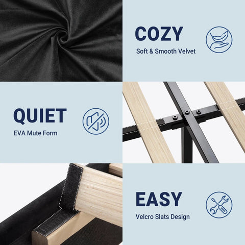 Queen Platform Bed Frame With Adjustable Velvet Headboard And Ultra Comfy Upholstery showing soft velvet fabric, sturdy construction, and easy Velcro slats.