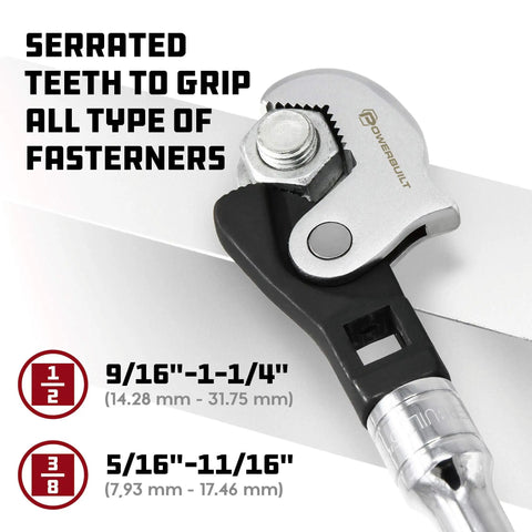 Super Handy 2 Piece Set Of Spring Loaded Crowfoot Wrenches That Automatically Adjust To The Right Size shown gripping fastener.