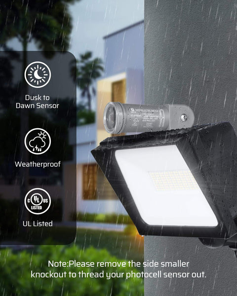 Dusk To Dawn Photocell Sensor Switch for outdoor lighting shown installed during rain, features UL listed weatherproof design.