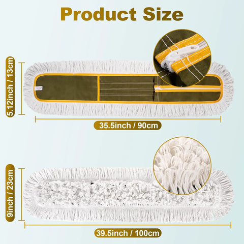 Four Pack 36 Inch Universal Dust Mop Heads With Easy Zipper Closure Heavy Duty Replacement Pads showing sizes and material details.