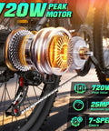 Ride Ready Adult Electric Bike 26 Inch Commuter With Crisp Seven Speed Shifting Zero Sweat 720W Peak Motor For Rough Roads Lightweight Ebike With Removable Battery And Long Weekend Range In Gray motor close-up showcasing 720W peak performance and 7-speed gear system