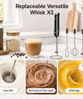 Rechargeable Handheld Coffee Frother Wand Detachable Whisk Mixer For Latte Cappuccino Matcha Protein Shakes Matte Black in kitchen setting.