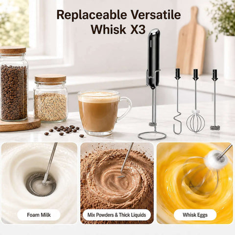 Rechargeable Handheld Coffee Frother Wand Detachable Whisk Mixer For Latte Cappuccino Matcha Protein Shakes Matte Black in kitchen setting.