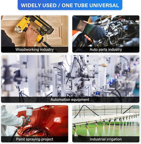 Visual collage showing uses of One Quarter Inch PU Air Tubing Kit with Sixteen Meter Length Fifty Feet in various industries.