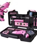 Girl Friendly 40 Piece Drill Set With Pink Cordless Drill And Tool Box Beginner Friendly Home DIY Kit in open case.
