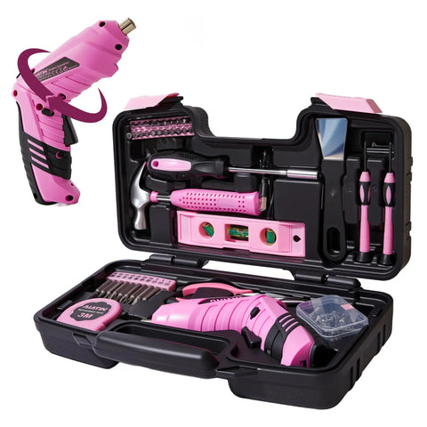 Girl Friendly 40 Piece Drill Set With Pink Cordless Drill And Tool Box Beginner Friendly Home DIY Kit in open case.