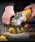 Person using an angle grinder with 50 Pack 4.5 Inch Aluminum Oxide Grinding Wheels For Metal And Stainless Steel Depressed Center Discs