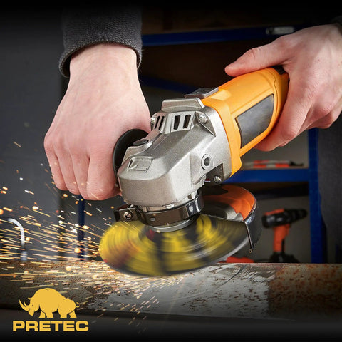 Person using an angle grinder with 50 Pack 4.5 Inch Aluminum Oxide Grinding Wheels For Metal And Stainless Steel Depressed Center Discs