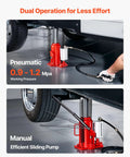 20 Ton Air Hydraulic Bottle Jack with pneumatic and manual operation lifting car, red, dual operation for less effort