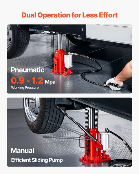 20 Ton Air Hydraulic Bottle Jack with pneumatic and manual operation lifting car, red, dual operation for less effort
