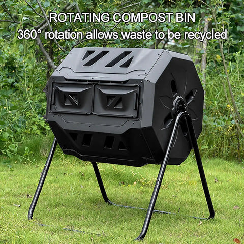 Dual Chamber Compost Tumbler 42 Gallon 160L Outdoor Bin with sliding doors in garden setting