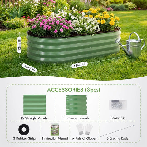 Galvanized Raised Garden Bed Kit Three Pack Outdoor Metal Planters 4x2x1 Ft with flowers, includes accessories like panels and gloves