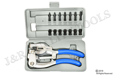 Heavy Duty Power Hole Punch Kit With 7 Size Die Set From 3/32 To 9/32 Inches in open case showing tool and dies