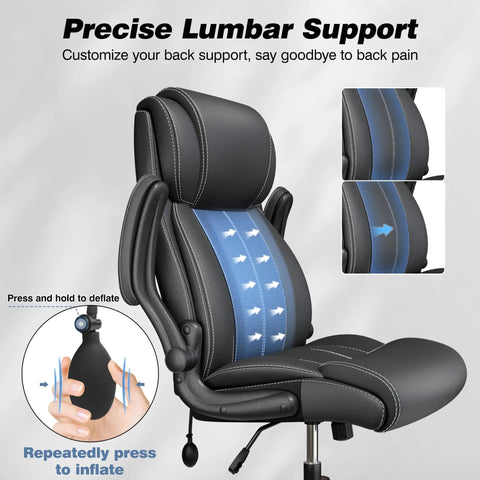 Ergonomic Office Chair For Home Or Office With Adjustable Lumbar Support Leather High Back Executive Style in black with inflatable lumbar