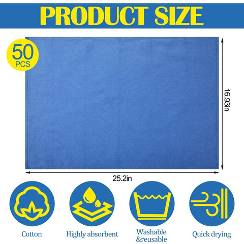 Image showing Blue Huck Towels 50 Pack Bulk Absorbent Cotton Shop Towels; dimensions 25.2 by 16.93 inches, highlighting features.