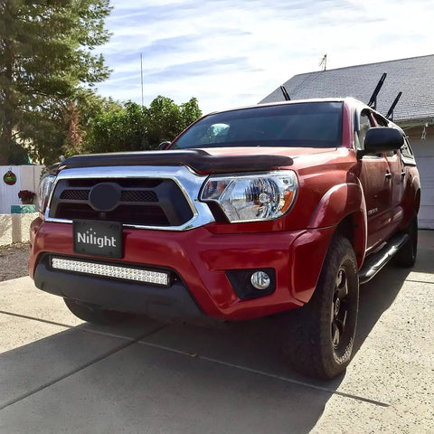 Red truck with 32 Inch 180W LED Light Bar With Spot Flood Combo Off Road Lights For 12V Trucks And Jeeps visible on front bumper.