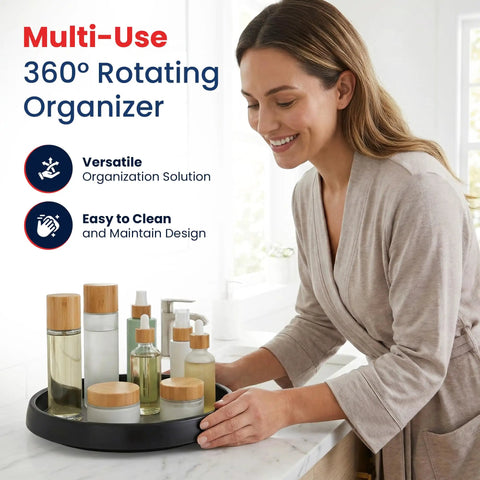 Person using 10 Inch Lazy Susan Turntable Set Of 4 Non Skid Cabinet Organizer holding bottles on bathroom counter