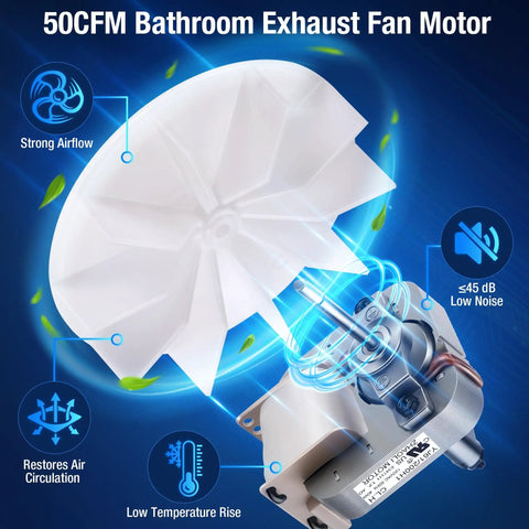 120V 50CFM Bathroom Vent Fan Motor Replacement For Broan NuTone And Other Compatible Exhaust Fans With C65878 VFM100 E4981 82423K K111 C01575 UL Listed Easy Install And Quiet Performance, showing motor design and airflow.