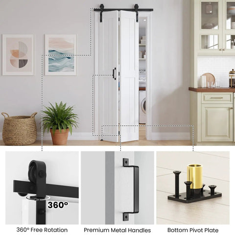 30 By 84 Inch White Bifold Barn Doors With Slick Hardware Kit For Smooth Interior Closet Glides showcasing 360° rotation features.